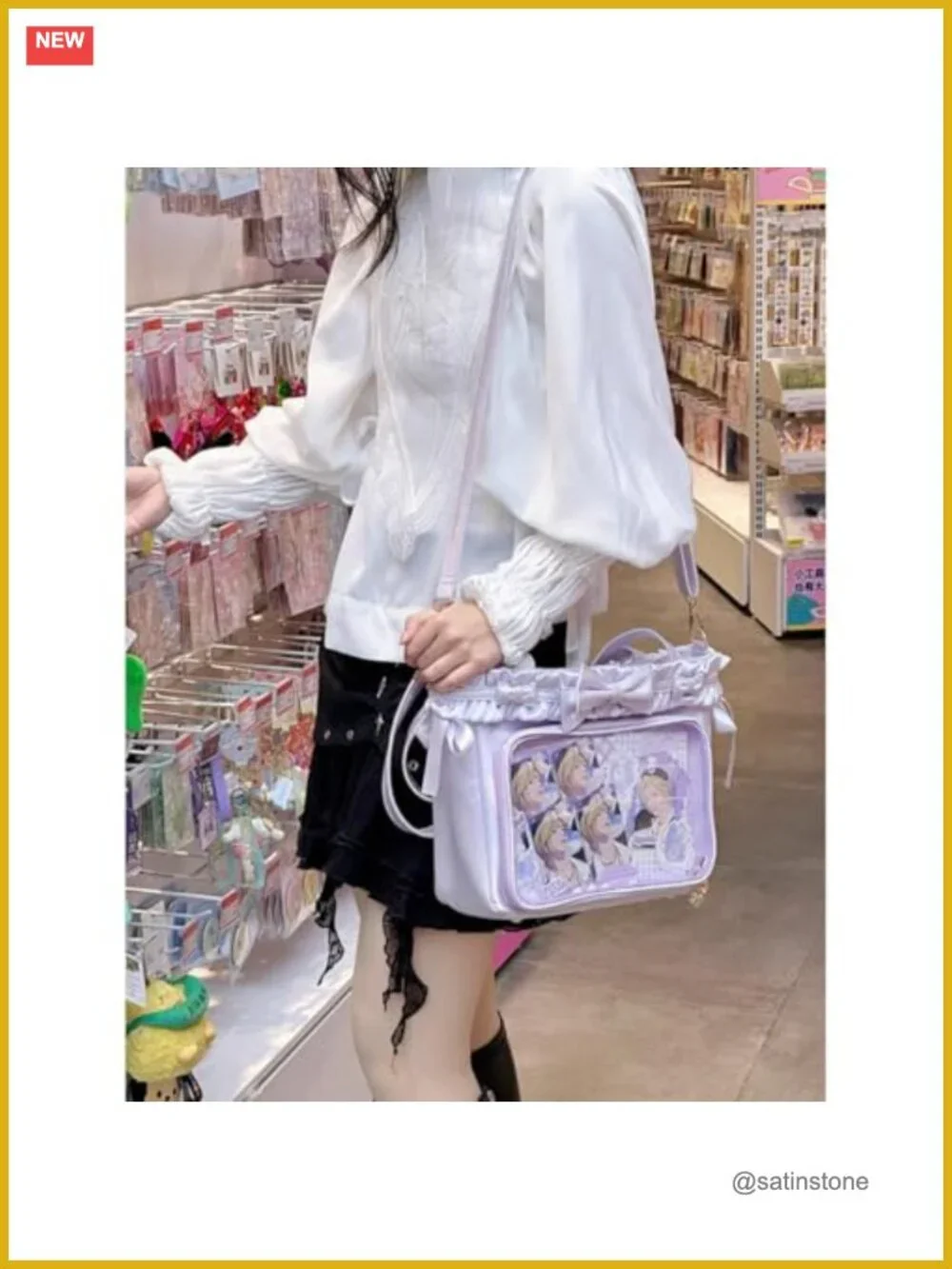 PU Leather Lolita Ita Bag with Display Window, Ruffle Trim Tote Shoulder